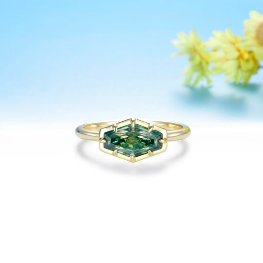 Kuololit 2CT Hexagon Cyan Moissanite Ring for Women Solid 14K 10K 585 Yellow Gold for Engagement Ring for Christmas Gifts Party