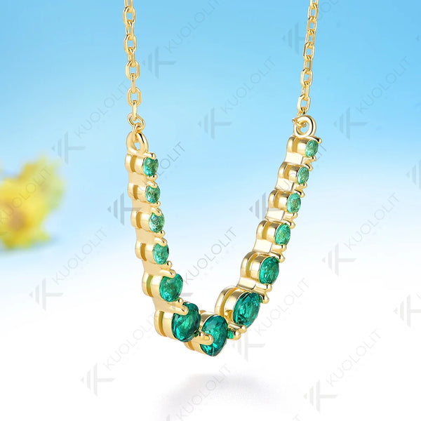 Kuololit 1.3CTW Lab Grown Emerald Necklace for Women Solid 585 14K 10K Yellow Gold Necklace for Christmas Gift Party Anniversary