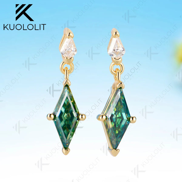 Kuololit 2.4CTW Cyan Moissanite Custom Clip Earrings for Women Solid 14K10K585 Yellow Gold Rhombus Cut for Christmas Gifts Party