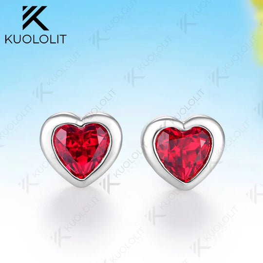 Kuololit 1.6CTW Lab Grown Ruby Stud Earrings for Women Solid 14K 10K Yellow Gold Heart Cut Earrings for Christmas Gifts Party