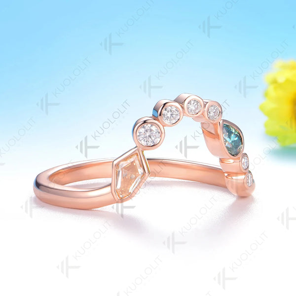Kuololit 0.7CTW Champagne Cyan Moissanite V Ring for Women Soild 10K 14K Rose Gold Pear Cut Wedding Band for Christmas Gift