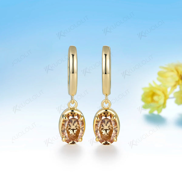 Kuololit 3.6CTW Champagne Moissanite Clip Earring for Women Solid 14K 10K Yellow Gold Oval Cut Earring for Christmas Gifts Party