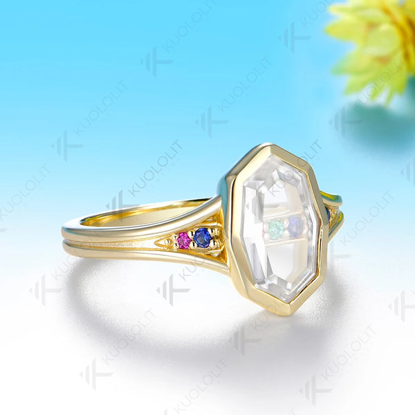 Kuololit 2CT Unique Portrait Cut Rhombus Moissanite Colorfull Custom Ring for Women Solid 14K 10K Yellow Gold for Christmas Gift
