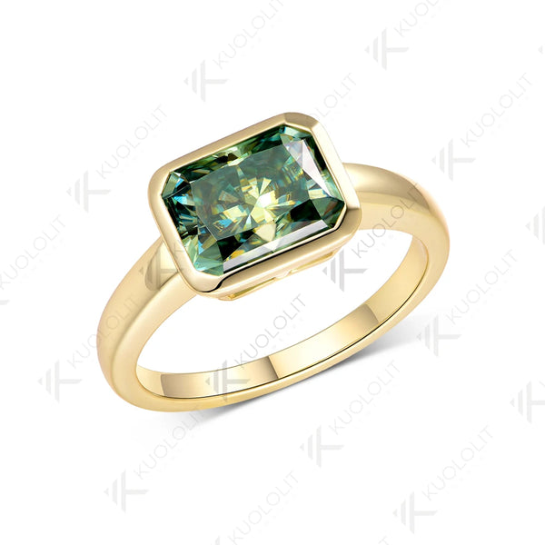 Kuololit 3CT Radiant Cut Cyan Moissanite Ring for Women Solid 14K 10K Yellow Gold Bezel Set Engagement Ring for Christmas Gifts