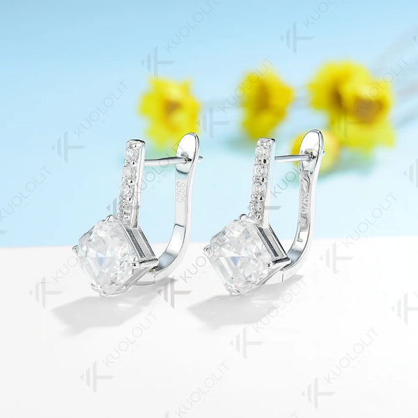 Kuololit 2CTW Moissanite Clip Earrings for Women Solid 18K 14K 10K 585 Yellow Gold Asscher Cut Earrings for Engagement Christmas