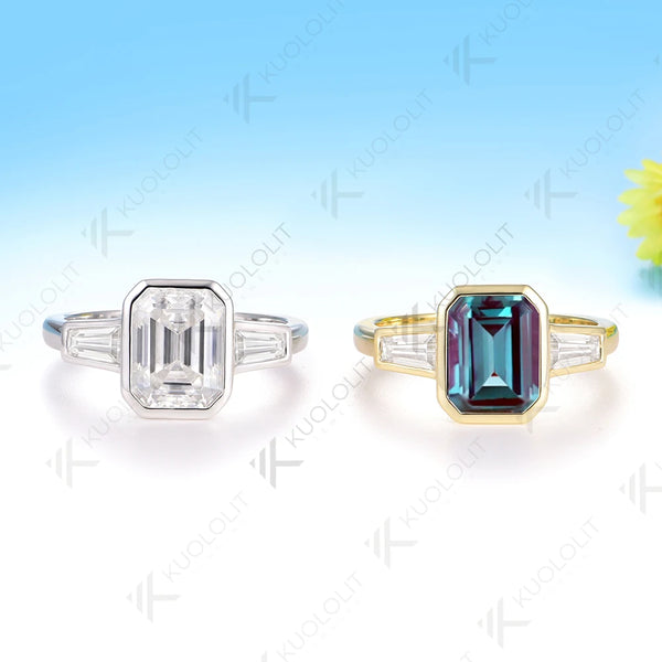 Kuololit 3CT Lab Grown Alexandrite Moissanite Ring for Women Solid 14K 10K 585 Yeollw Gold Emerald Cut Ring for Christmas Gifts