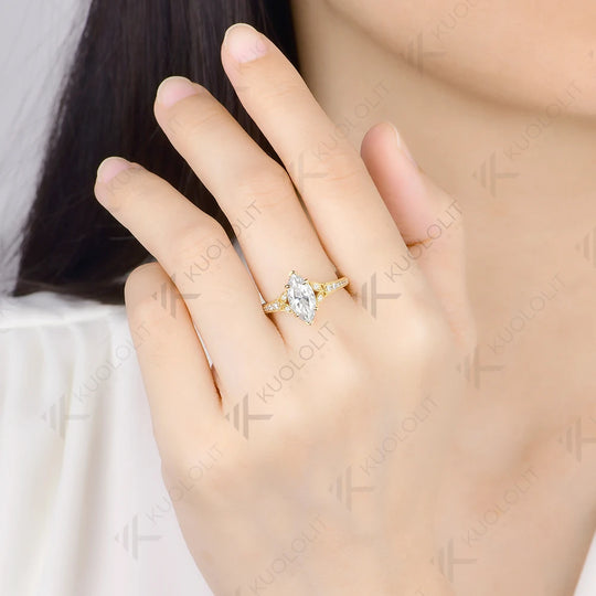 Kuololit 2CT Moissanite Custom Ring for Women Solid 14K 10K 585 Yellow Gold Marquise Cut for Christmas Gifts Engagement Wedding