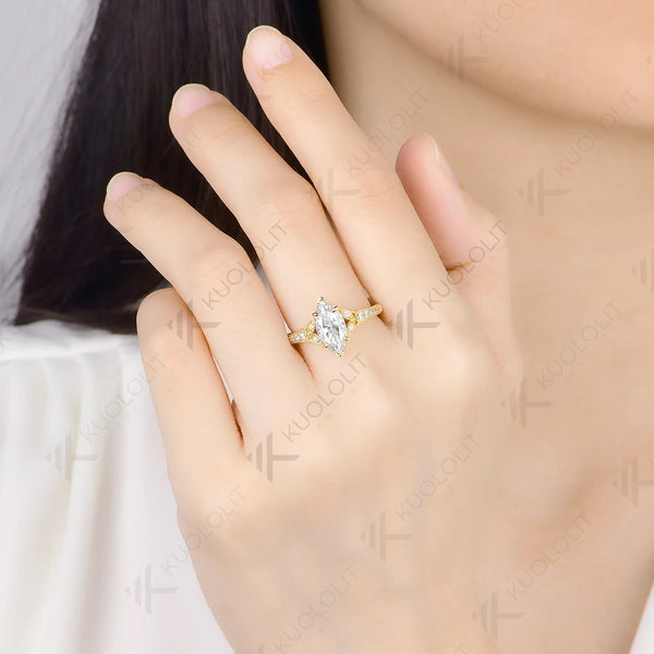 Kuololit 2CT Moissanite Custom Ring for Women Solid 14K 10K 585 Yellow Gold Marquise Cut for Christmas Gifts Engagement Wedding