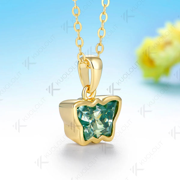 Kuololit 2CT Butterfly Cyan Moissanite Necklace for Women Solid 14K 10K Yellow Gold Animal Pedant for Christmas Party Gifts