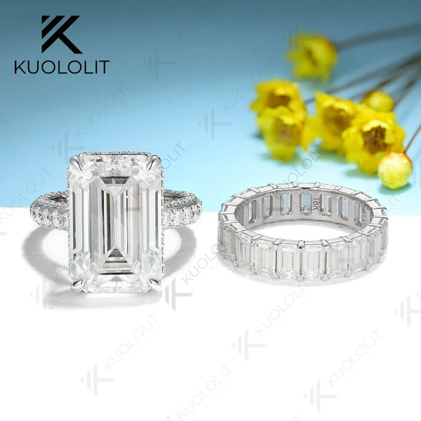 Kuololit 8.8CTW Moissanite Band Rings for Women PT950 Soild 14K 10K White Gold Emerald Luxury Band for Engagement Wedding Christmas