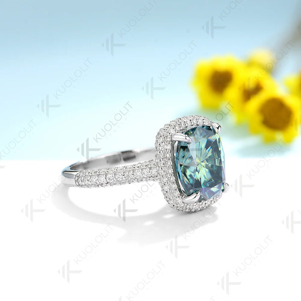 Kuololit 4.5ct Cushion Cyan Moissanite Engagement Ring for Women Solid 18K 14K 10K 585 Gold 3 Links Stone Ring for Christmas