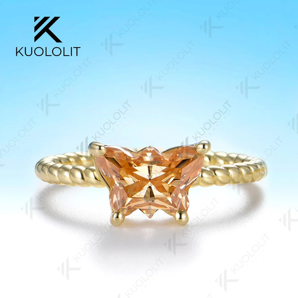 Kuololit 2CT Butterfly Champagne Moissanite Twist Ring for Women Solid 14K 10K Yellow Gold Engagement for Christmas Gifts Party