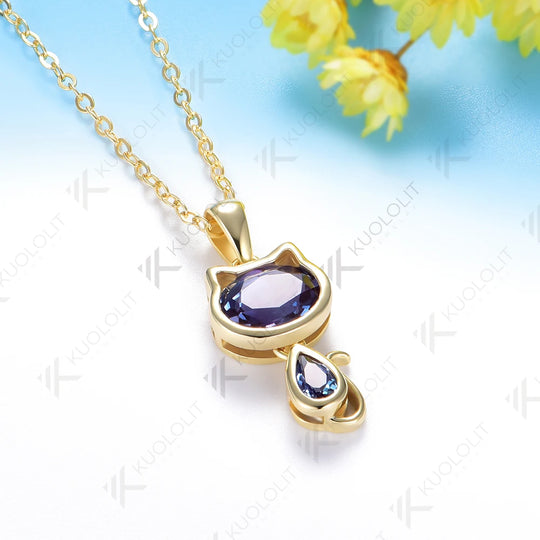 Kuololit 2.2CTW Lab Grown Alexandrite Cat Neklace for Women Solid 14K 10K 585 Yellow Gold Cute Neklace for Christmas Gifts Party