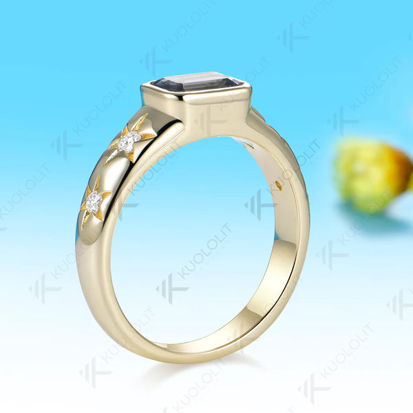 Kuololit 1CT Grey Moissanite Emerald Cut Custom Ring for Women Solid 14K 10K Yellow Gold Engagement Ring for Christmas Party
