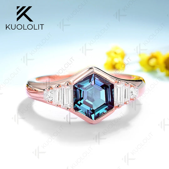 Kuololit 1.5CT Lab Grown Alexandrite Moissanite Engagement  Ring for Women Solid 18K 14K 10K 585 Rose Gold Ring for Christmas