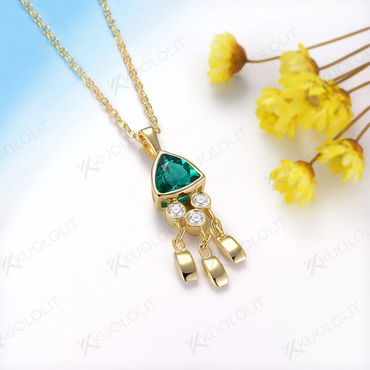 Kuololit 1.2CT Lab Grown Emerald Jellyfish Necklace for Women Solid 18K 14K 10K 585 Yellow Gold Moissanite Pendant for Christmas