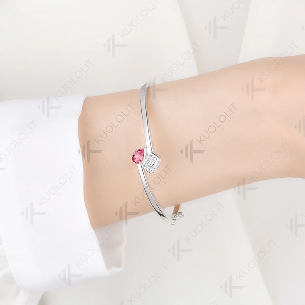 Kuololit 1.8CTW Lab Grown Pink Sapphire Moissantie Bangle for Women Solid 10K Yellow Gold Pear Bangle for Trendy Christams Gift