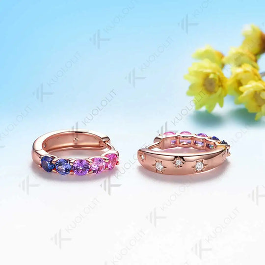 Kuololit 1CTW Rainbow Lab Grown Sapphire Hoop Earrings for Women Solid 18K 14K 10K 585 Rose Gold Clip Earring for Christmas Gift