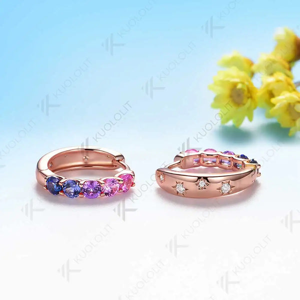 Kuololit 1CTW Rainbow Lab Grown Sapphire Hoop Earrings for Women Solid 18K 14K 10K 585 Rose Gold Clip Earring for Christmas Gift