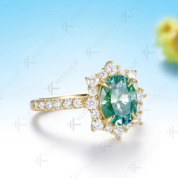 Kuololit 2CT Cyan moissanite Oval Ring for Women Solid 14K 10K 585 Yellow Gold Oval Cut Ring for Engagement Christmas Gifts