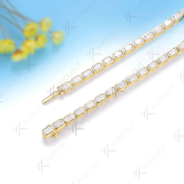 Kuololit 12CTW Emerald Cut Moissanite Custom Bracelet for Women Men 14K 10K 585 Yellow Gold for Engagement Christmas Jewelry