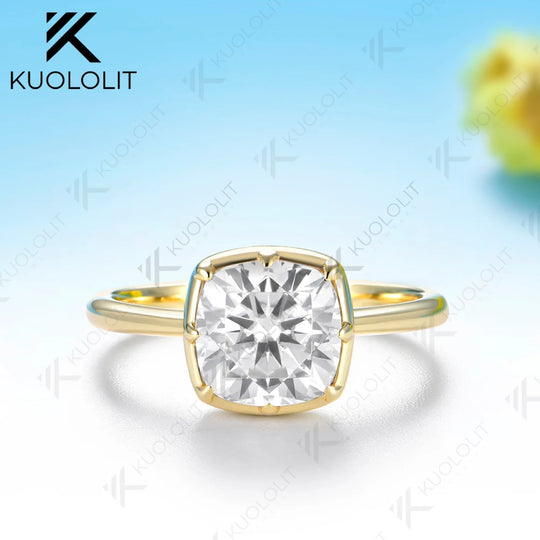 Kuololit 2.5CT Cushion Cut Moissanite Ring for Women Solid 14K 10K 585 Yellow Gold Ring for Engagement Party Christmas Gifts