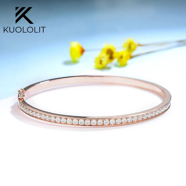 Kuololit Moissanite Bangle for Women Solid 10K Rose Gold D VVS1 Oval Shaped Moissanite Bracelet for Engagement Trendy Gift