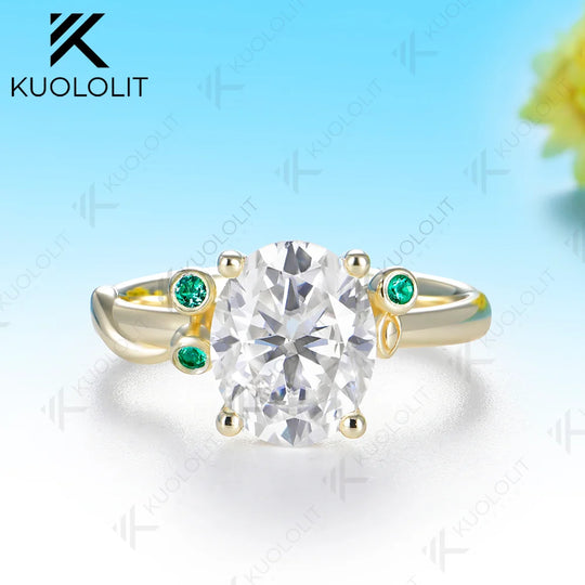 Kuololit 3CT Moissanite Lab Emerald Custom Ring for Women Solid 14K 10K  Yellow Gold Oval Cut Engagement Ring for Christmas