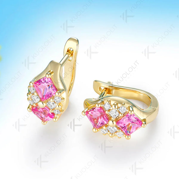 Kuololit 3.2CTW Lab Pink Sapphire Princess Cut Moissanite Custom Stud Earrings for Women Solid 14K 10K Yellow Gold for Christmas