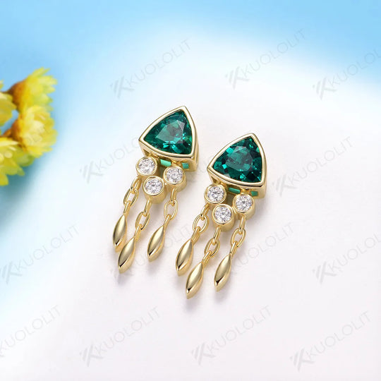 Kuololit 2.4CTW Lab Grown Emerald Jellyfish Stud Earrings for Women Solid 14K 10K 585 Gold Moissanite Earrings for Christmas