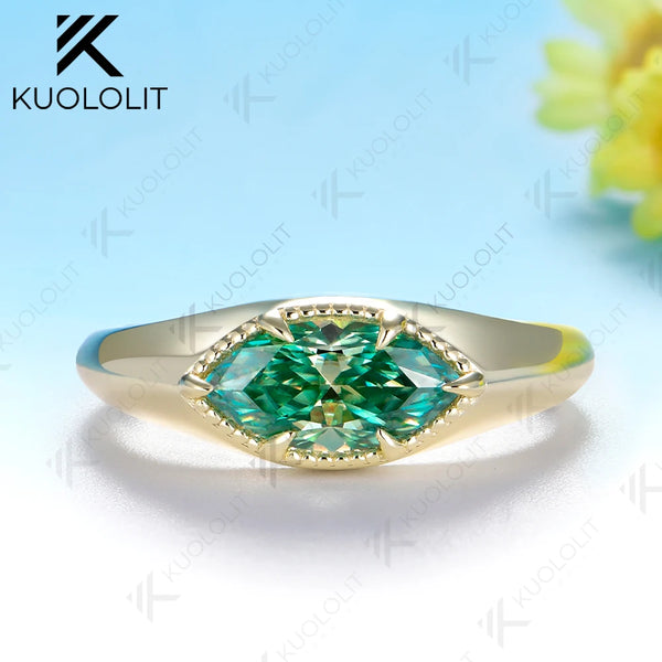 Kuololit 1CT Marquise Cut Cyan Moissanite Custom Engagement Ring for Women Men Solid 14K 10K 925 Silver Yellow Gold for Christmas Gifts