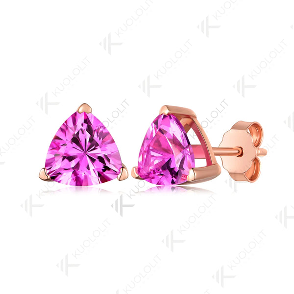 Kuololit 1.2CT Trillyon Lab Pink Sapphire Stud Earrings for Women Pure 18K 14K Gold Trillyon Earrings for Anniversary Christmas Gifts