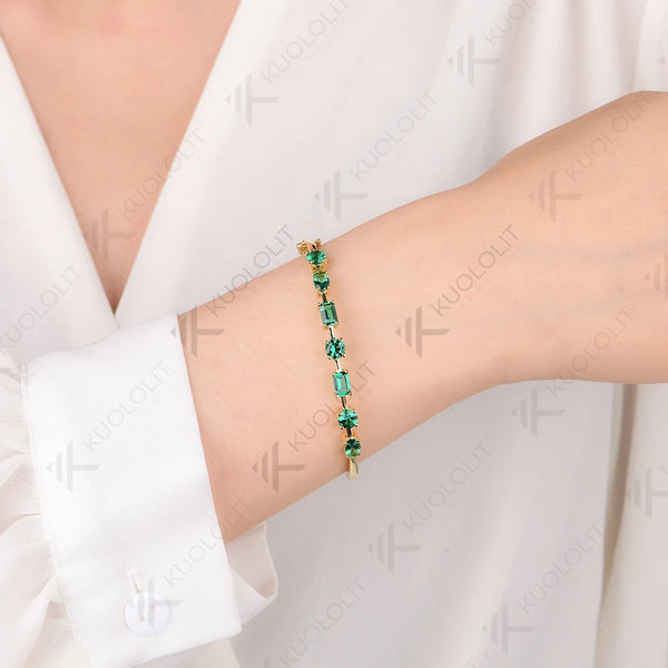 Kuololit Lab Grown Emerald Bangle for Women Solid 10K Yellow Gold Oval Shaped Gemstone Round Bracelet for Engagement Trendy Gift