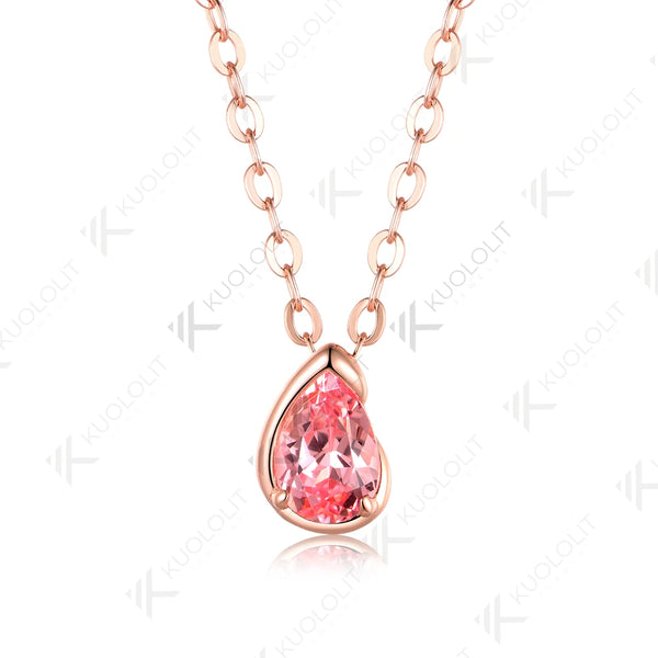 Kuololit 0.5CT Pink Sapphire Necklace for Women Men Solid 585 14K 10K Gold Pear Chain for Engagement Christmas Gifts Party