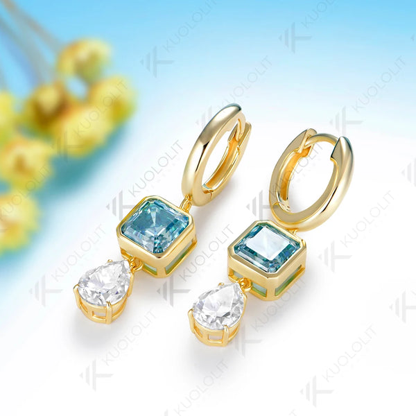 Kuololit 6.5CTW Cyan Moissanite Pear Asscher Cut Custom Earrings for Women Solid 14K 10K Yellow Gold Hoop Earrings for Christmas