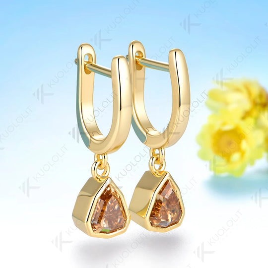 Kuololit 2CT Champagne Moissanite Earrings for Women Solid 14K 10K Yellow Gold Shield Cut Earrings for Christmas Gifts Party