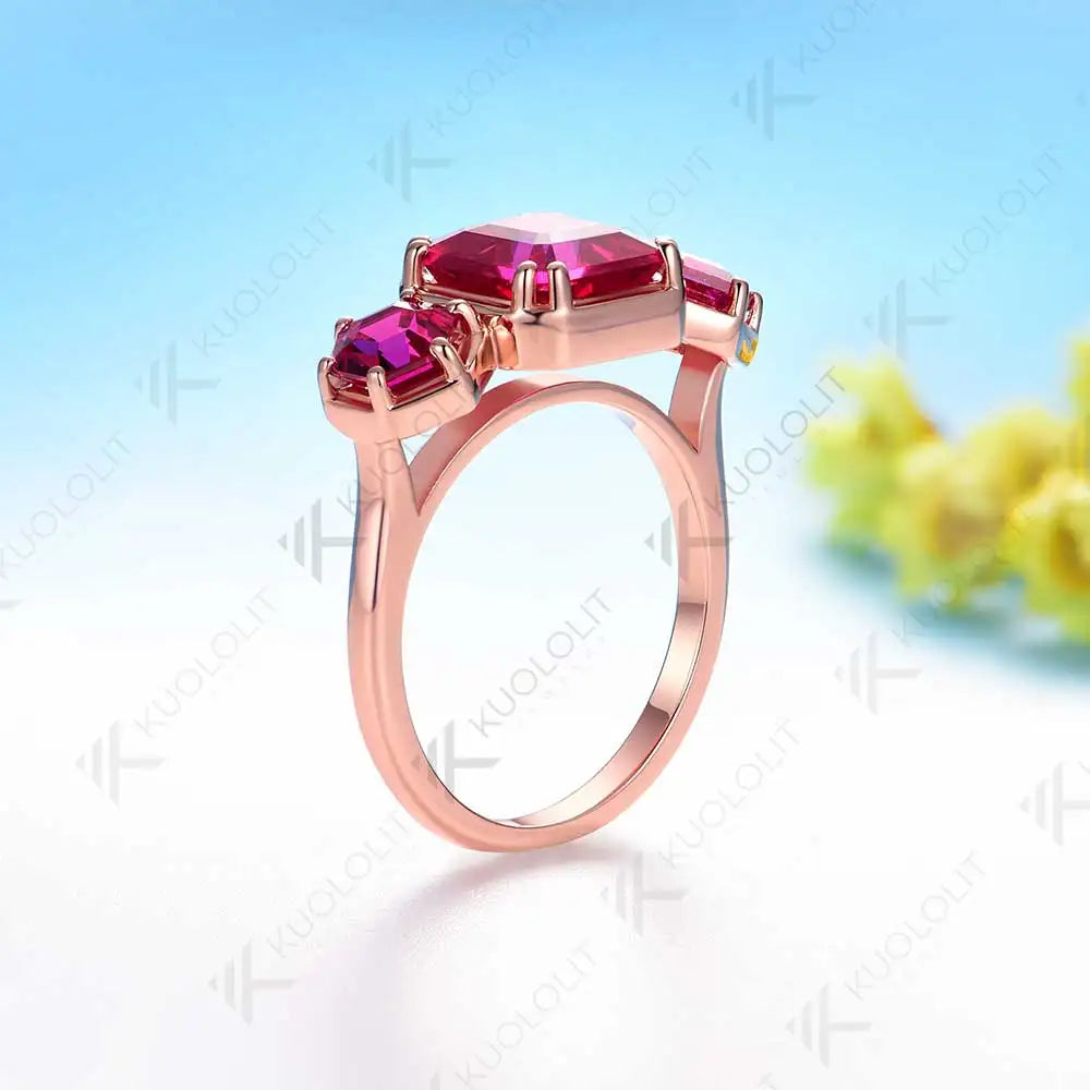 Kuololit 3.8CTW Lab Grown Ruby Rings for Women Solid 10K 585 Yelllow Gold Asscher Ring for Engagement Anniversary Christmas Gift