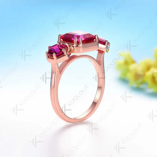 Kuololit 3.8CTW Lab Grown Ruby Rings for Women Solid 10K 585 Yelllow Gold Asscher Ring for Engagement Anniversary Christmas Gift