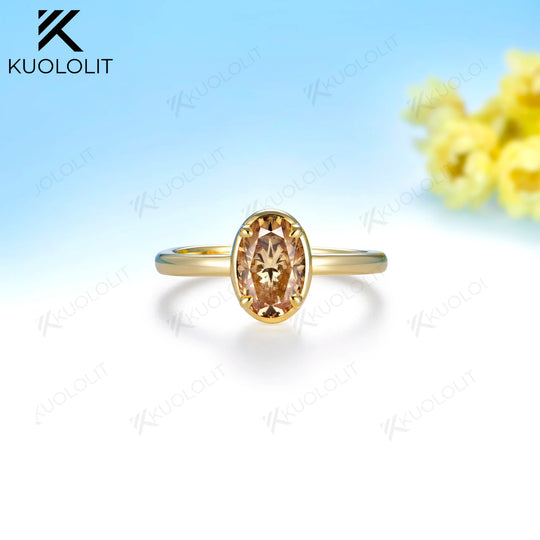 Kuololit 1.8CT Champagne Moissanite Ring for Women Solid 14K 10K Yellow Gold Engagement Oval Cut for Christmas Gifts Party