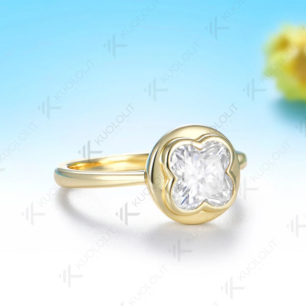 Kuololit 1.5CT Four Leaf Clover Moissanite Engagement Ring for Women Solid 14K 585 Yellow Gold Lucky for Christmas Party