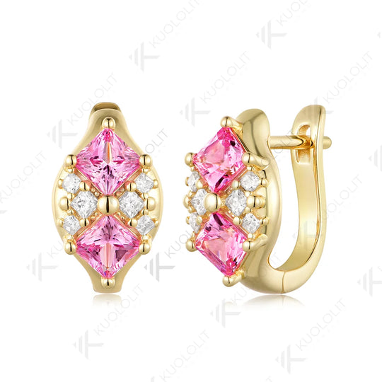 Kuololit 3.2CTW Lab Pink Sapphire Princess Cut Moissanite Custom Stud Earrings for Women Solid 14K 10K Yellow Gold for Christmas