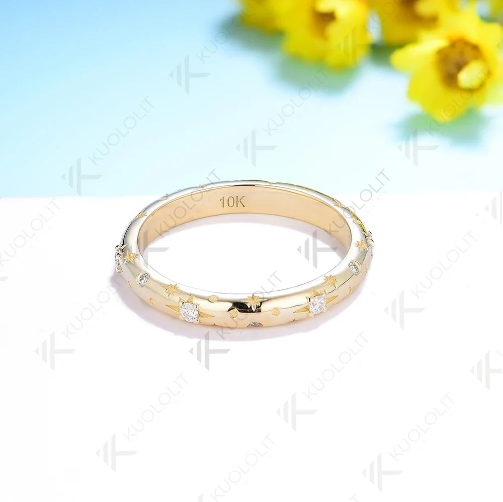 Kuololit Starburst Moissanite Band Rings for Women Men Solid 18K 14K 10K  Yellow Gold for Anniversary Engagement Gifts