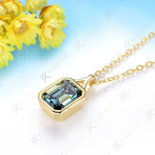 Kuololit 3CT Cyan Moissanite Lab Grown Emerald Necklace for Women Solid 14K 10K 585 Yellow Gold Emerald Cut Pendant for Christmas Gift Anniversary