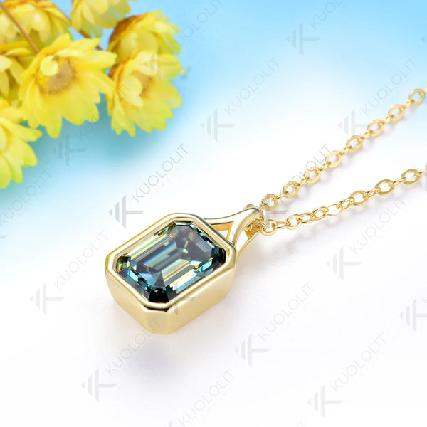 Kuololit 3CT Cyan Moissanite Lab Grown Emerald Necklace for Women Solid 14K 10K 585 Yellow Gold Emerald Cut Pendant for Christmas Gift Anniversary