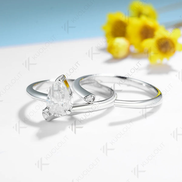 Kuololit 1CT Moissanite Ring for Women Solid 18K 14K 10K 585 White Gold Pear Set Ring for Engagement Christmas Anniversary Gift