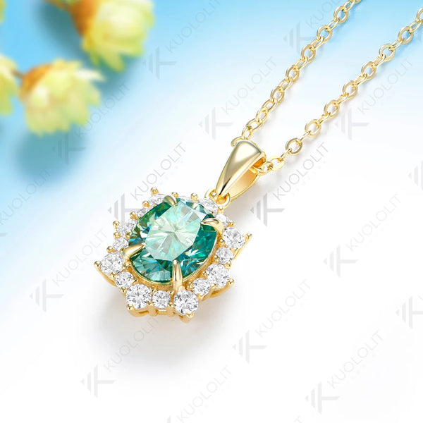 Kuololit 2CT Cyan moissanite Custom Necklace for Women Solid 585 14K 10K Yellow Gold Oval Necklace for Christmas Gifts Party