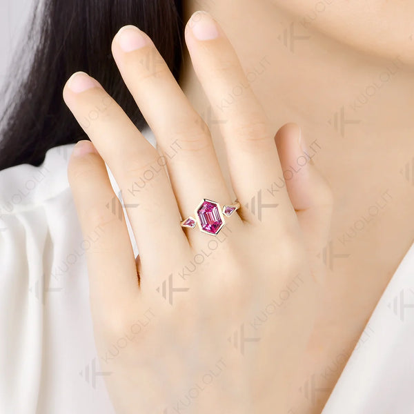 Kuololit 3.5CT Lab Grown Pink Sapphire Hexagon Cut Custom Ring for Women Solid 14K 10K 585 Yellow Gold for Christmas Gifts