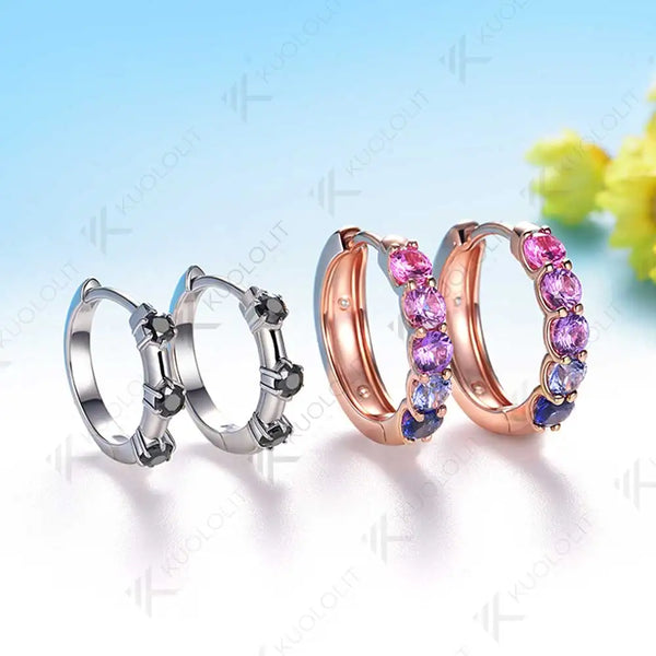 Kuololit 1CTW Rainbow Lab Grown Sapphire Hoop Earrings for Women Solid 18K 14K 10K 585 Rose Gold Clip Earring for Christmas Gift