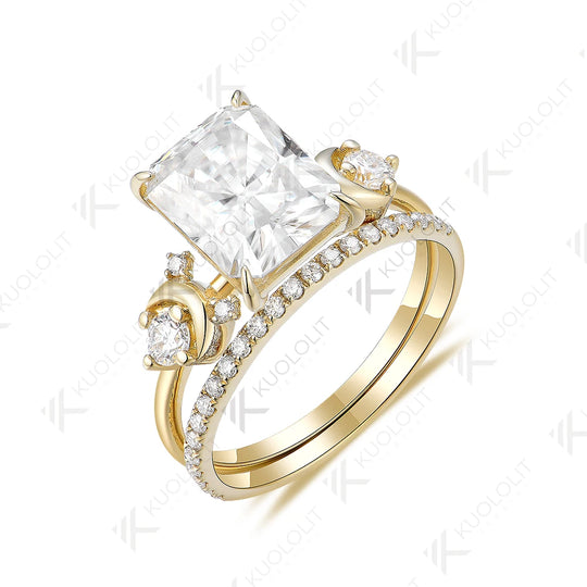 Kuololit 4CT Moissanite Set Rings for Women Solid 14K 10K 585 Yellow Gold Radiant Band Rings for Engagement Wedding Christmas