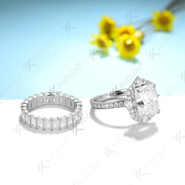Kuololit 5CT Raddiant Cut Moissanite Engagement Set Ring for Women Solid 18K 14K 10K 585 Yellow Gold Band for  Wedding Christmas